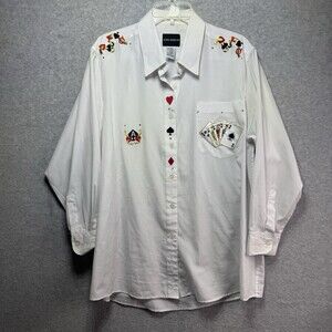 VTG Vegas Poker Slots Embroidered Button Up Dress Shirt Plus Woman’s 2XL White